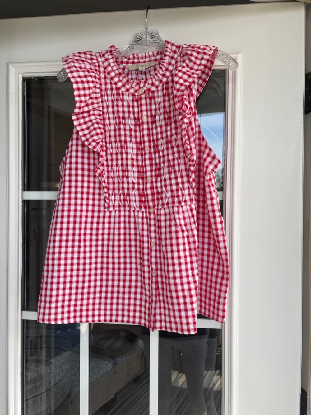 LOFT Red and White Gingham Ruffle Tank Top